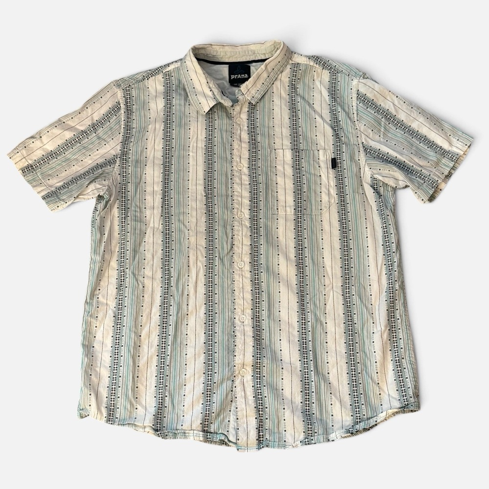 prAna Striped Print Button Up Shirt Cream Gorpcore Boho Casual Men's Size XL